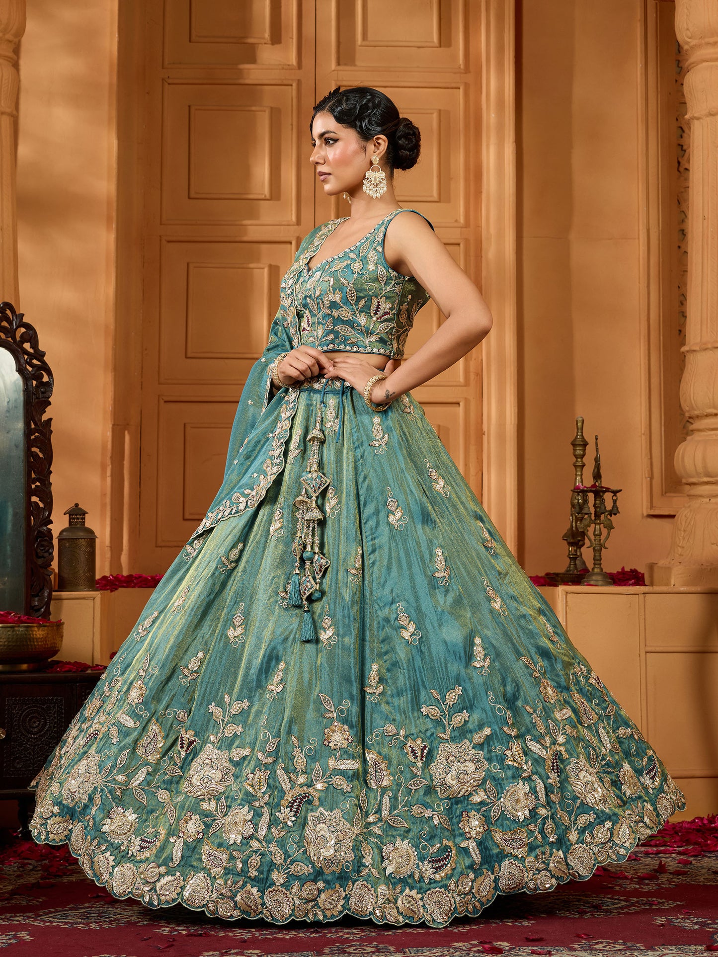 Green Tissue Sequins Embroidery Bridesmaid Lehenga for Wedding