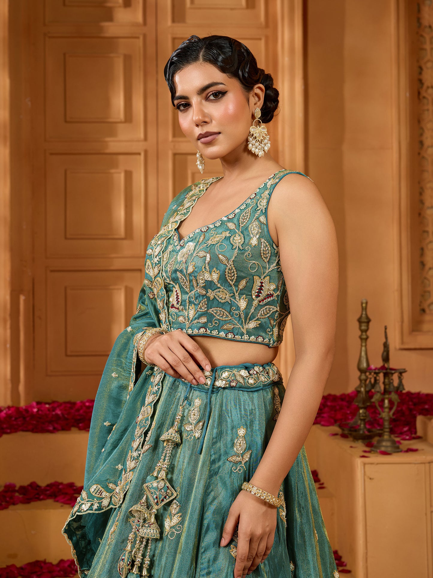 Green Tissue Sequins Embroidery Bridesmaid Lehenga for Wedding