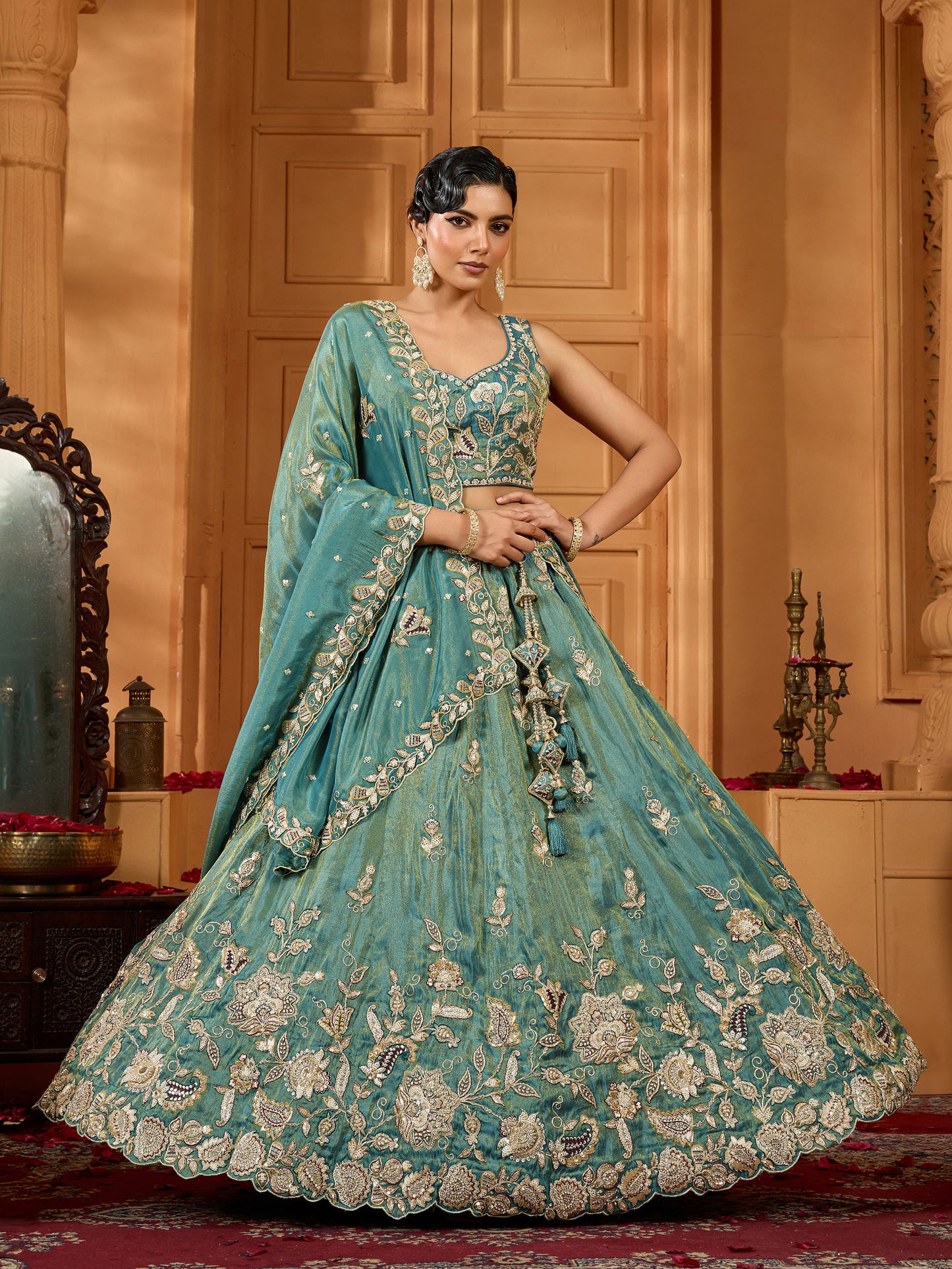 Green Tissue Sequins Embroidery Bridesmaid Lehenga for Wedding