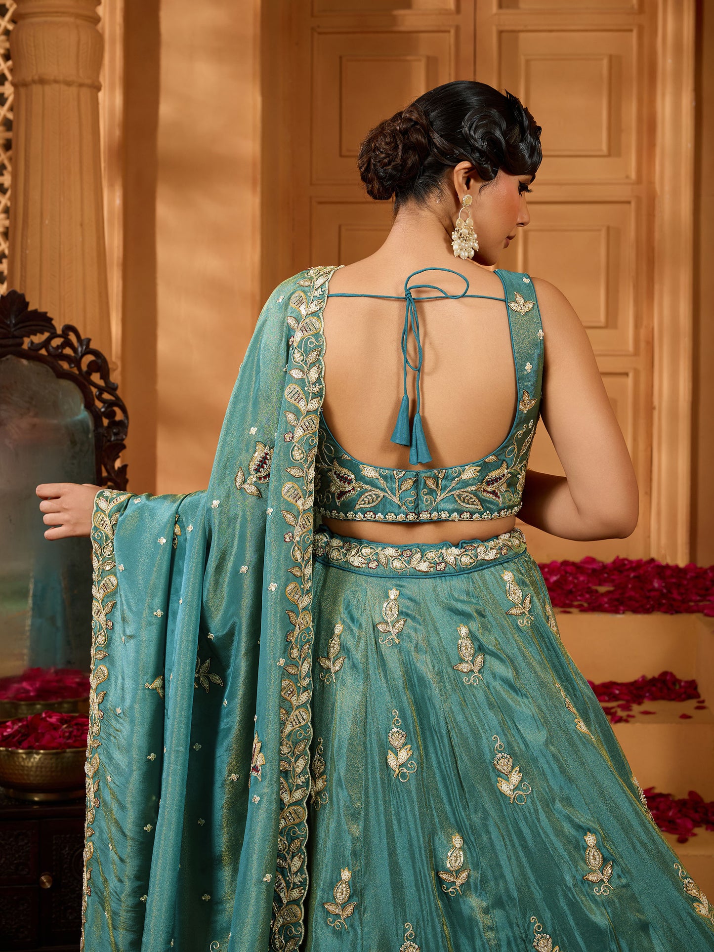 Green Tissue Sequins Embroidery Bridesmaid Lehenga for Wedding
