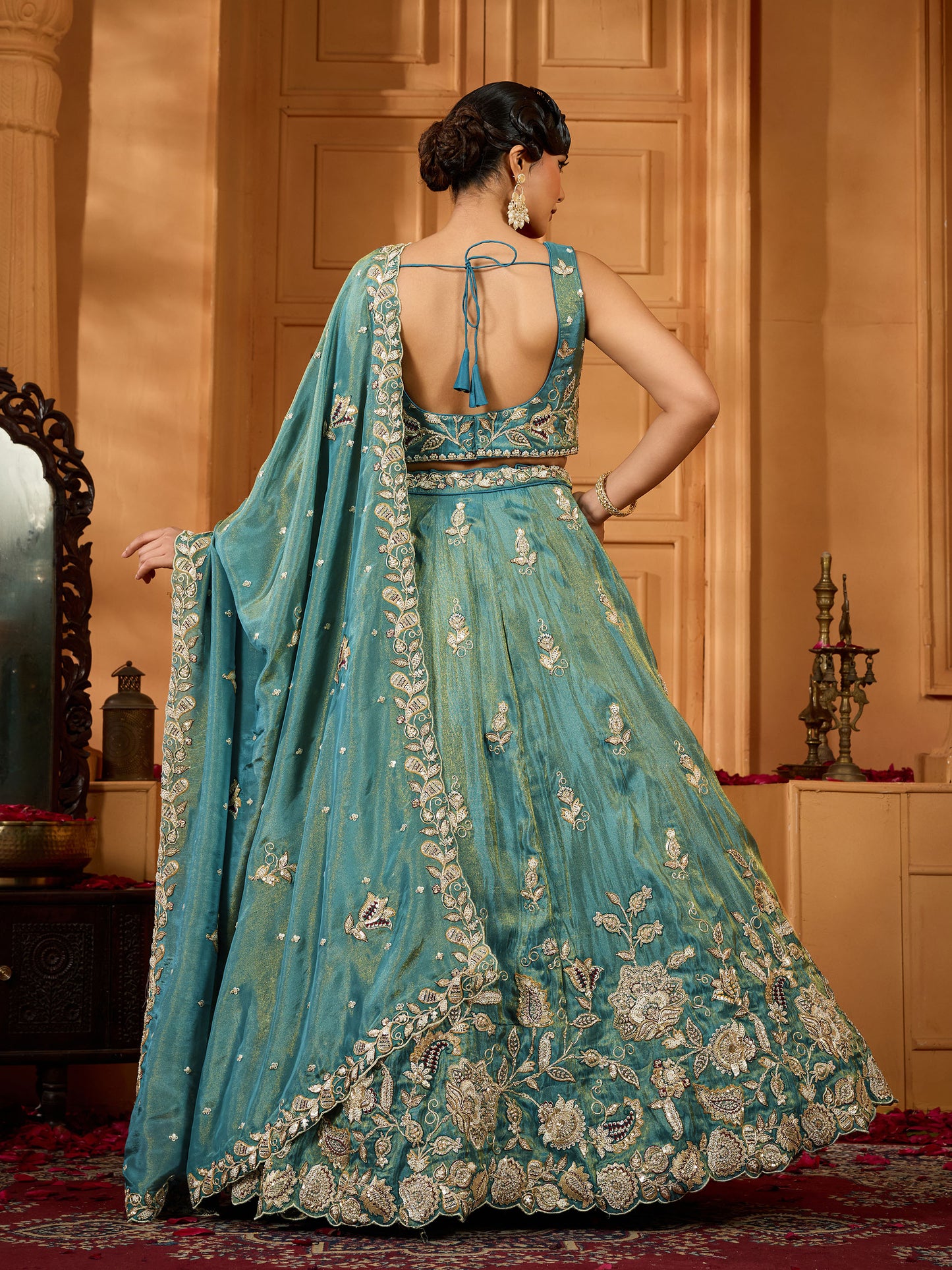Green Tissue Sequins Embroidery Bridesmaid Lehenga for Wedding