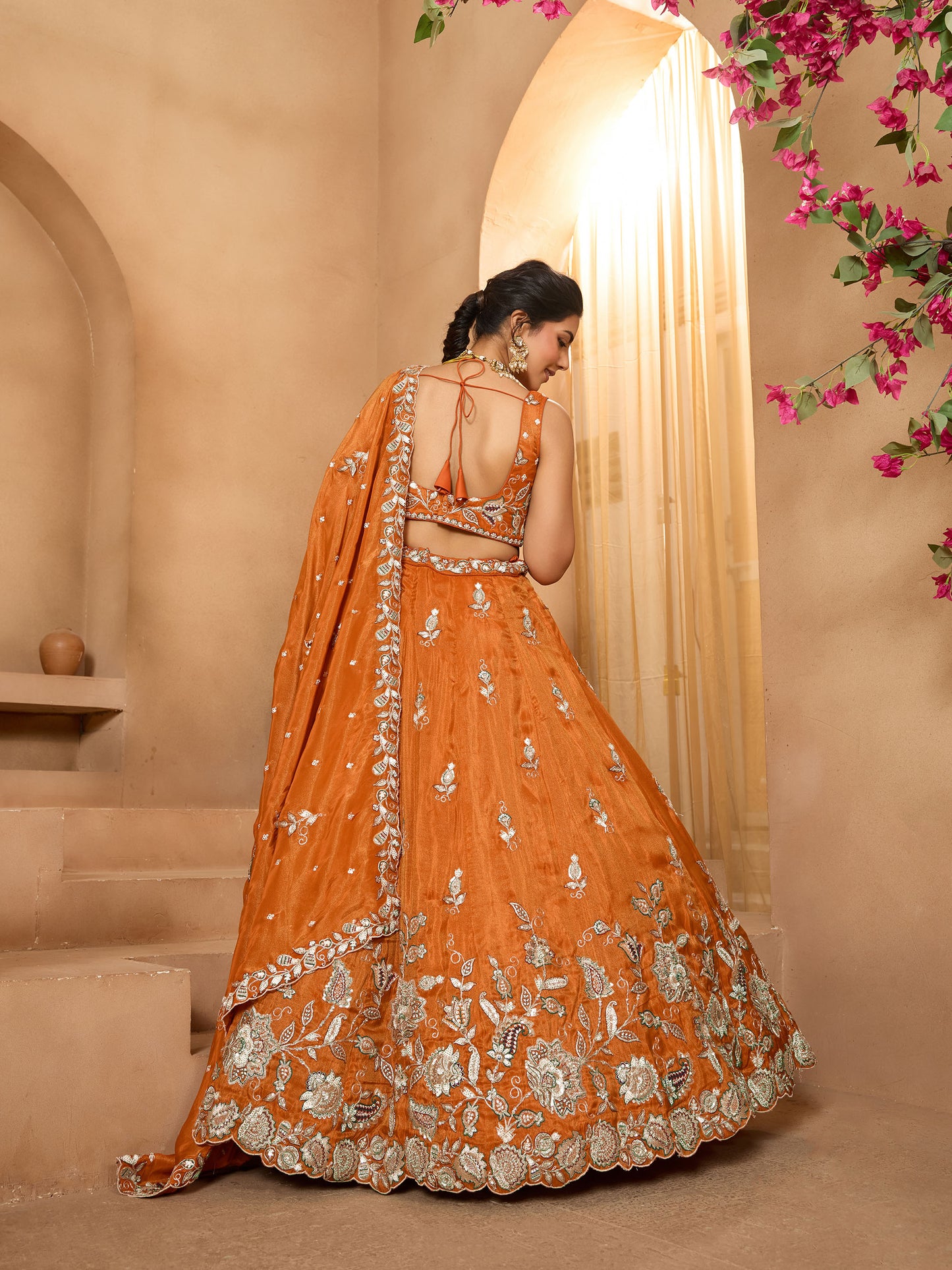 Orange Tissue Sequins Embroidery Bridesmaid Lehenga for Wedding