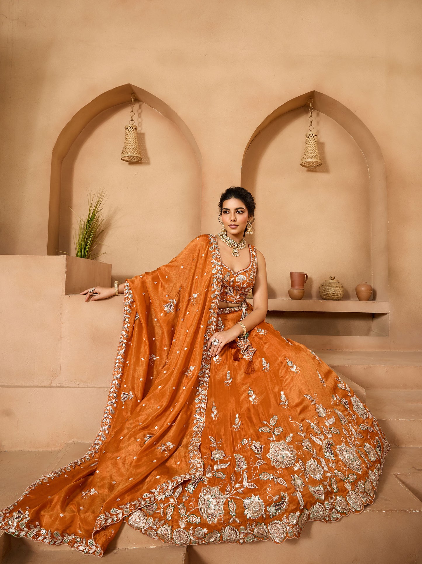 Orange Tissue Sequins Embroidery Bridesmaid Lehenga for Wedding