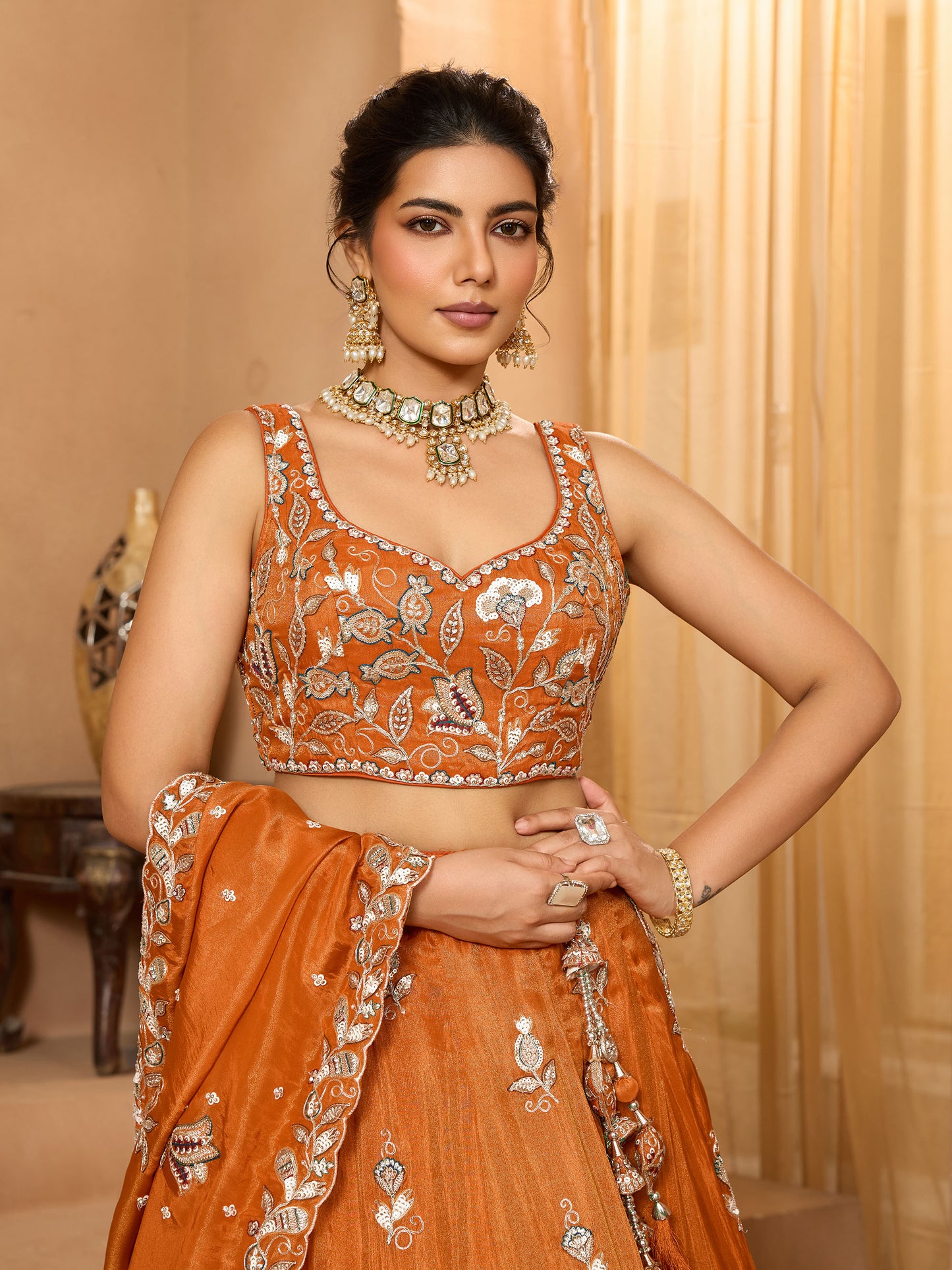 Orange Tissue Sequins Embroidery Bridesmaid Lehenga for Wedding