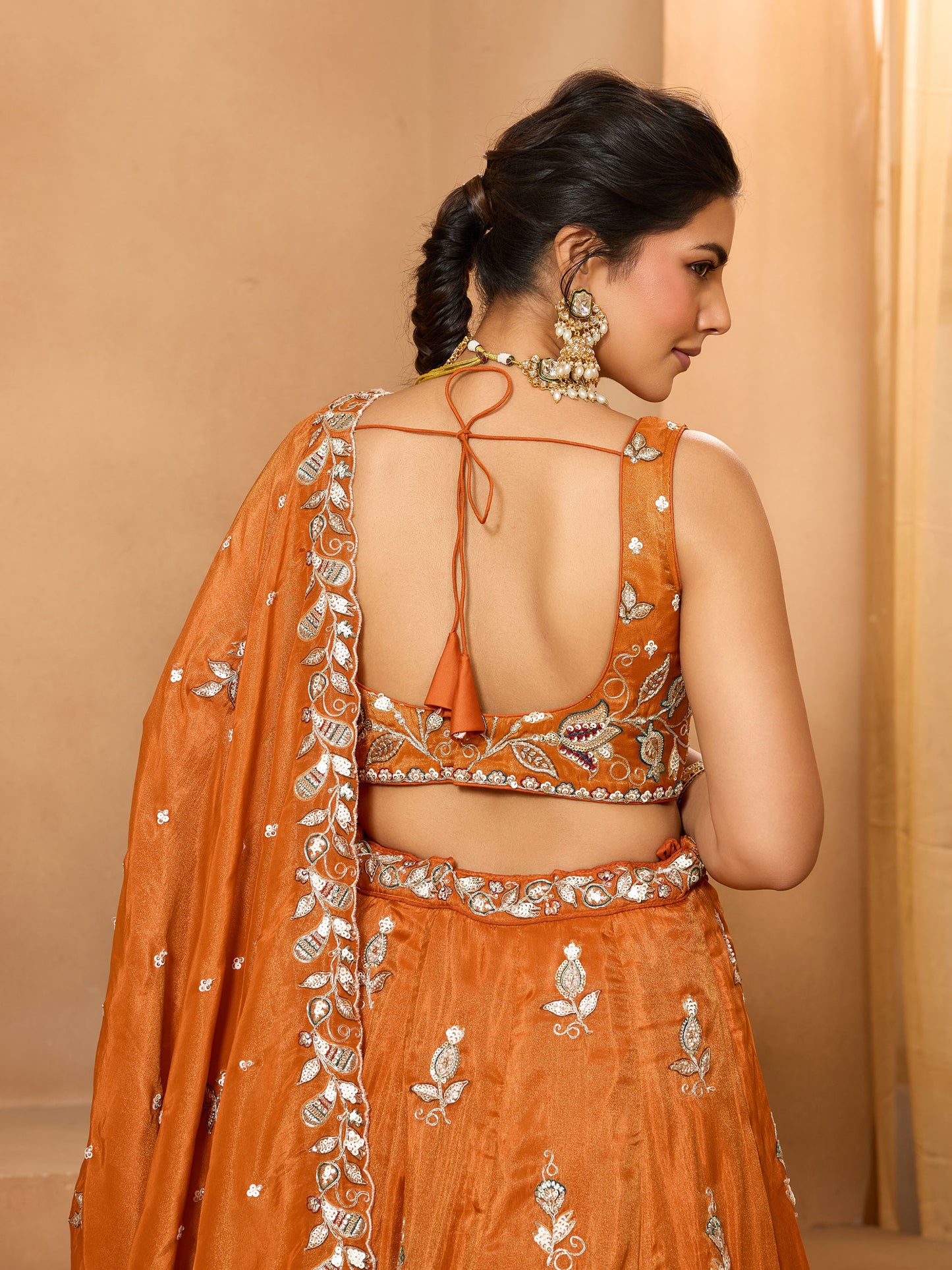 Orange Tissue Sequins Embroidery Bridesmaid Lehenga for Wedding