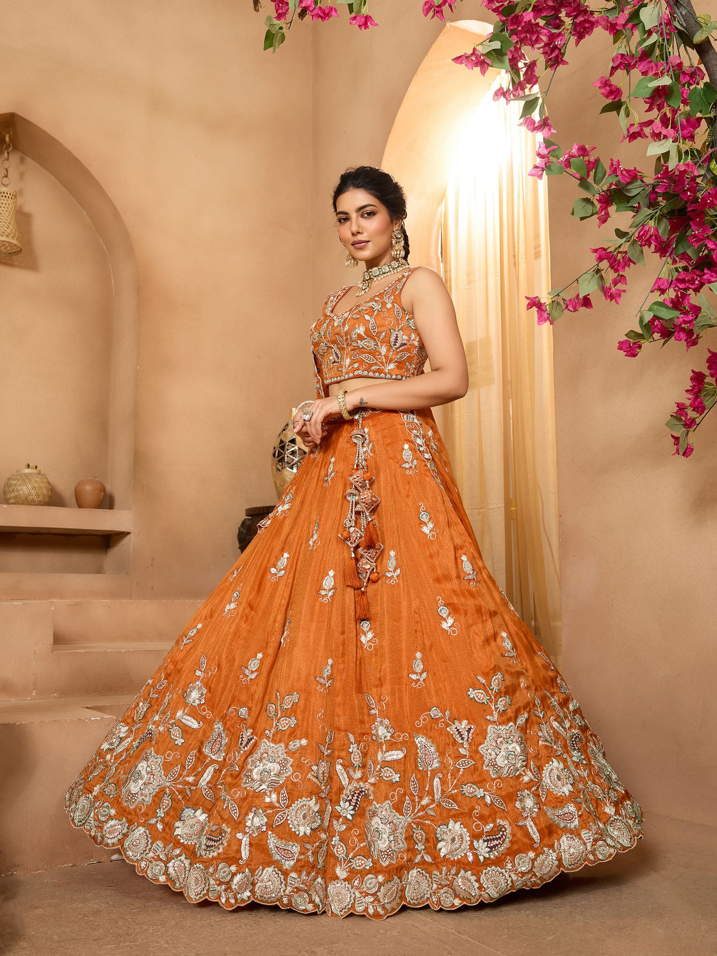 Orange Tissue Sequins Embroidery Bridesmaid Lehenga for Wedding