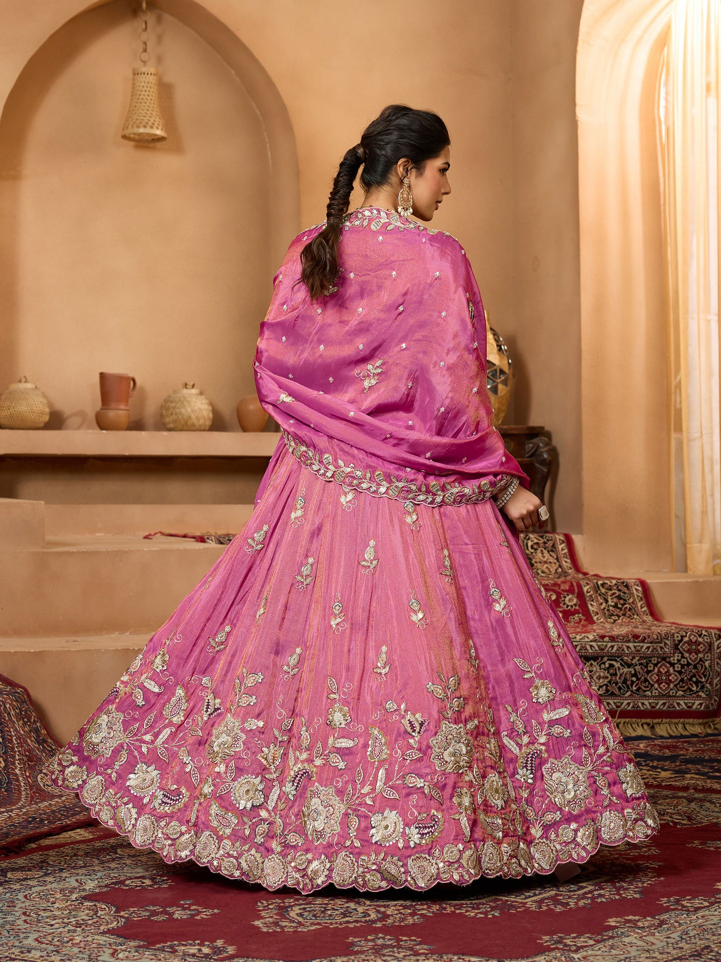 Pink Tissue Sequins Embroidery Bridesmaid Lehenga for Sangeet