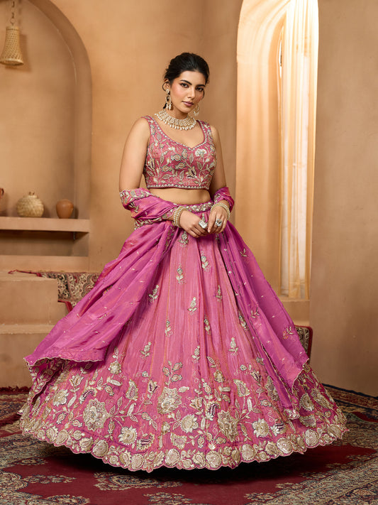 Pink Tissue Sequins Embroidery Bridesmaid Lehenga for Sangeet