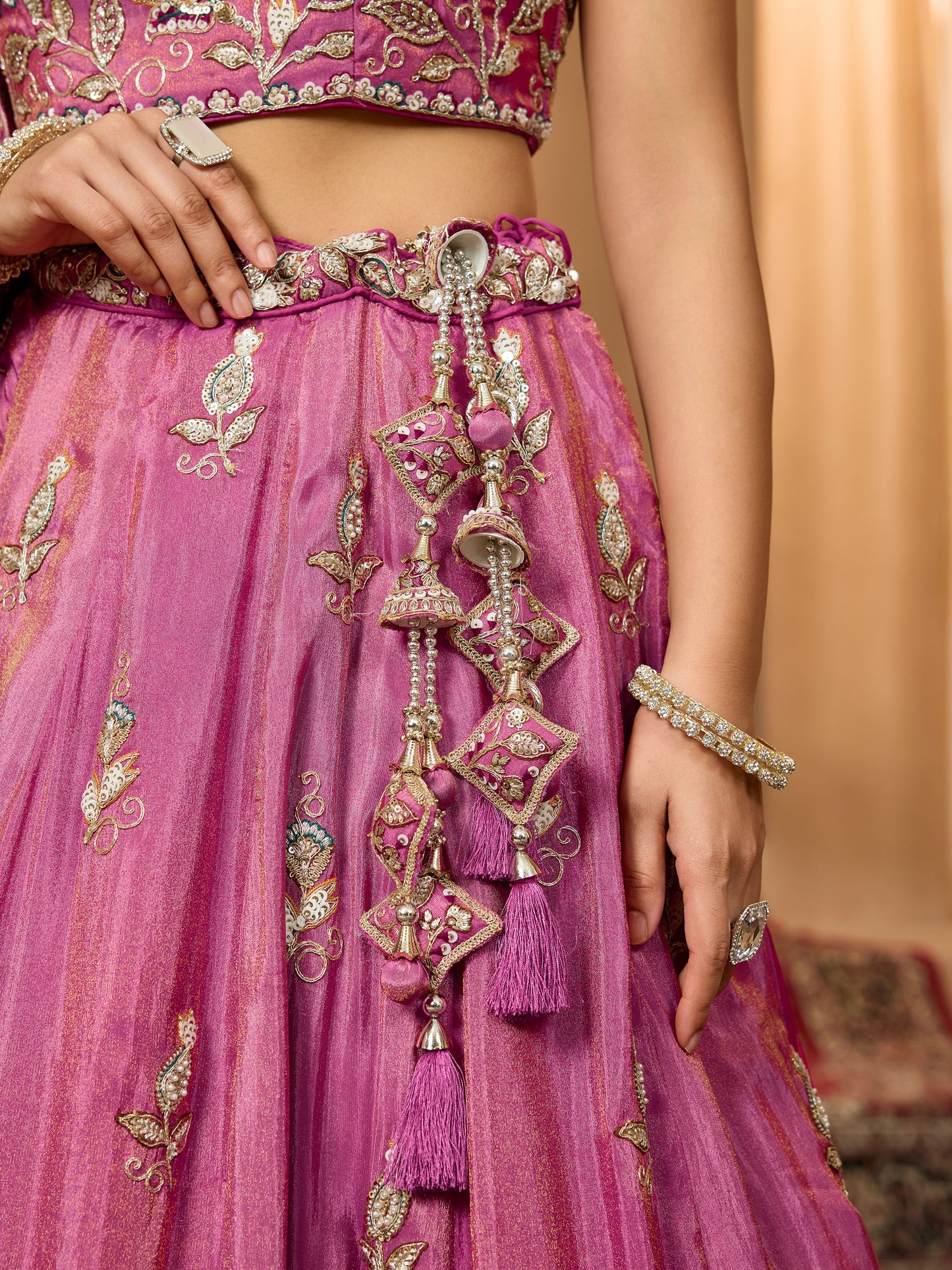 Pink Tissue Sequins Embroidery Bridesmaid Lehenga for Sangeet