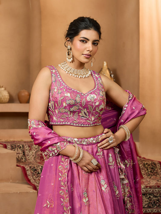 Pink Tissue Sequins Embroidery Bridesmaid Lehenga for Sangeet