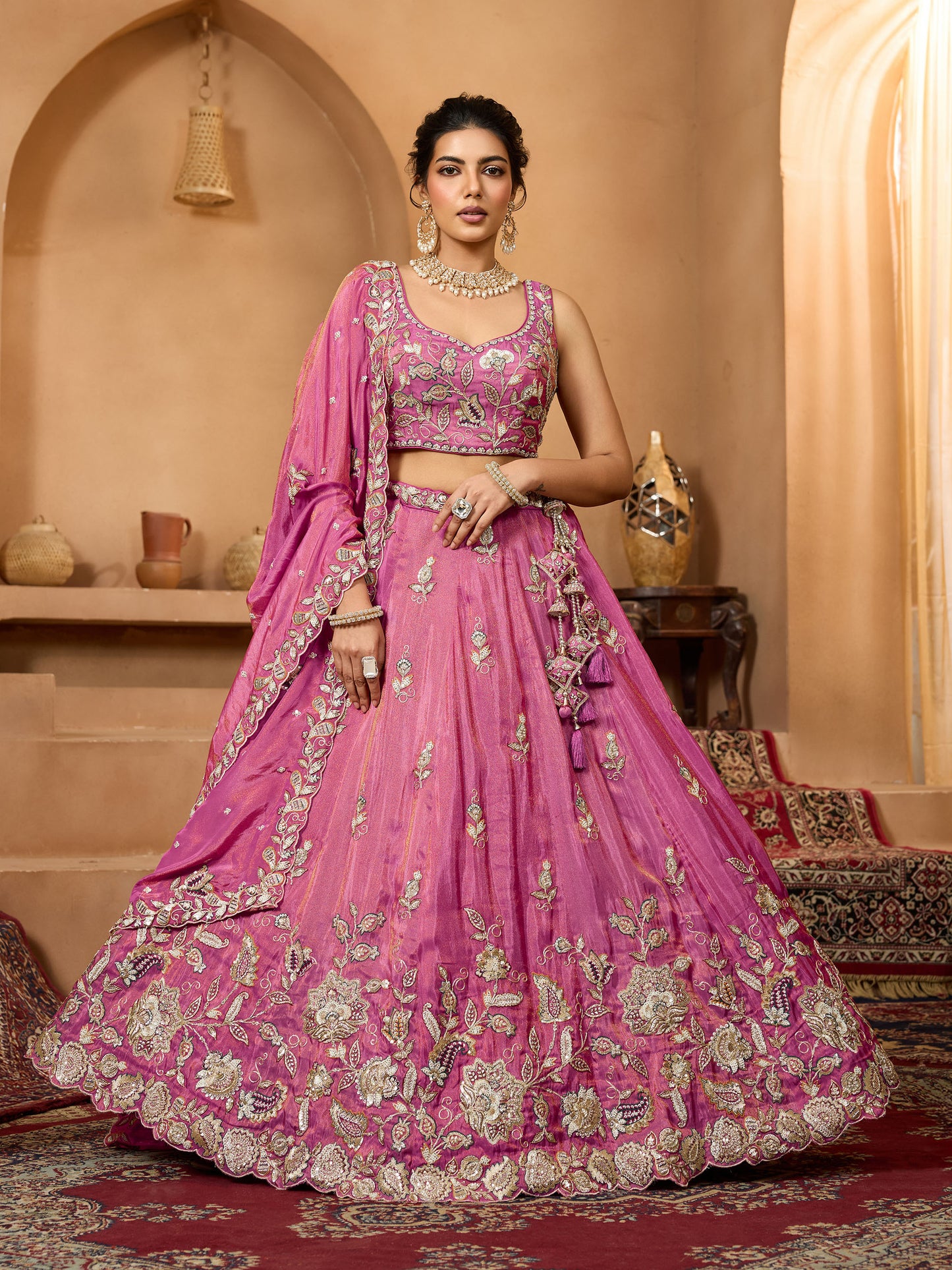 Pink Tissue Sequins Embroidery Bridesmaid Lehenga for Sangeet