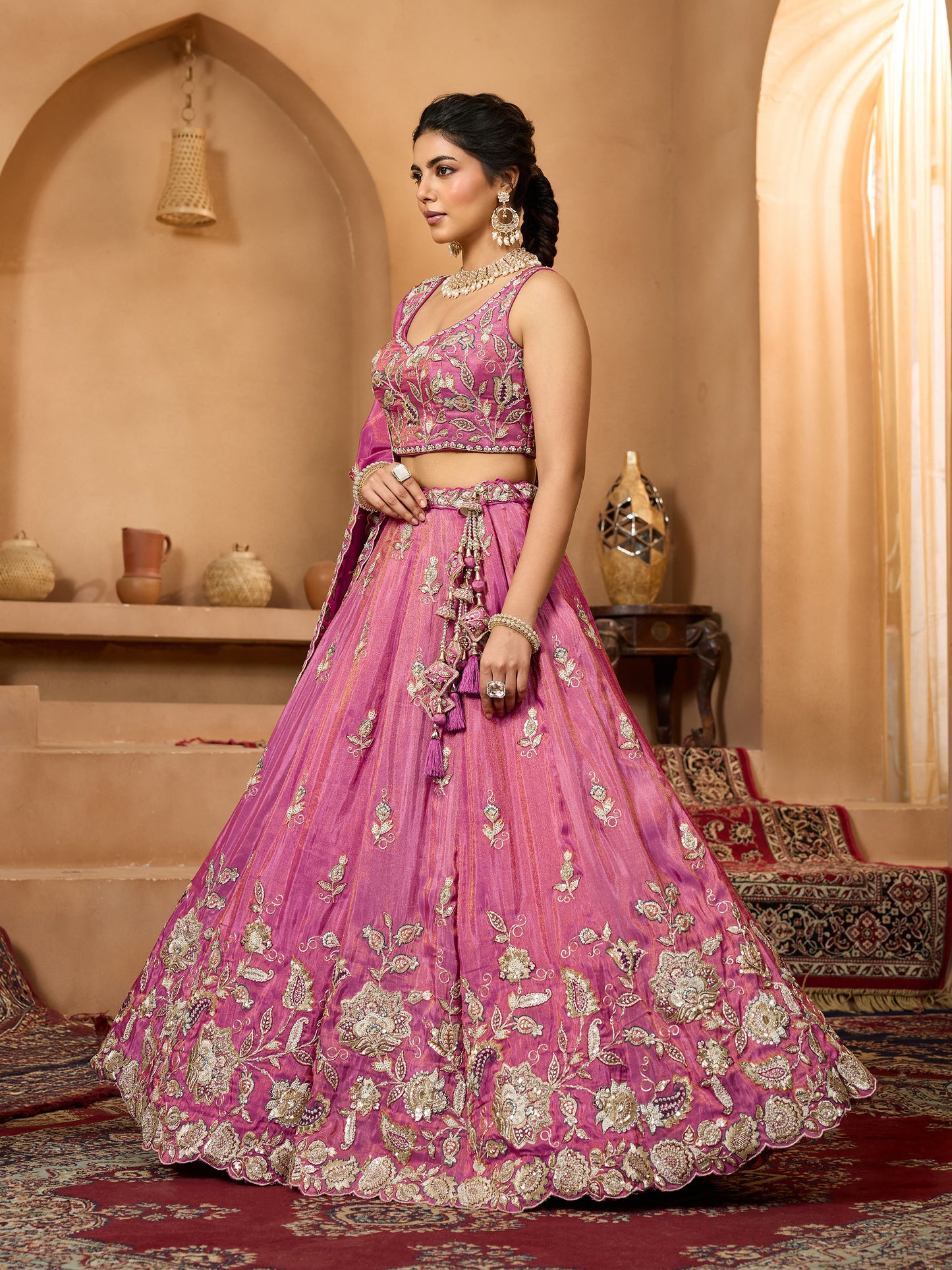 Pink Tissue Sequins Embroidery Bridesmaid Lehenga for Sangeet