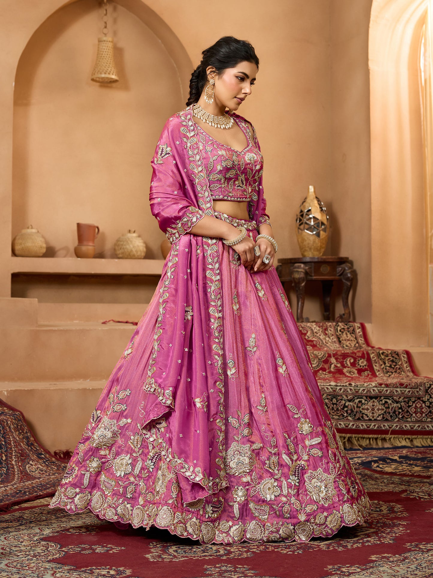 Pink Tissue Sequins Embroidery Bridesmaid Lehenga for Sangeet