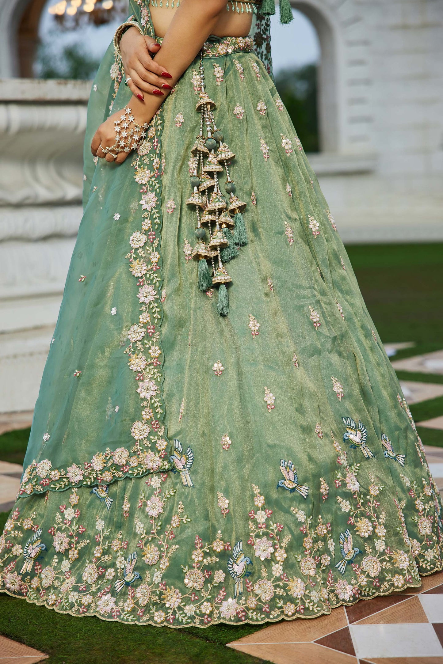 Green Tissue Beads & Sequins Embroidered Ready to Wear Mehendi Lehenga for Bride