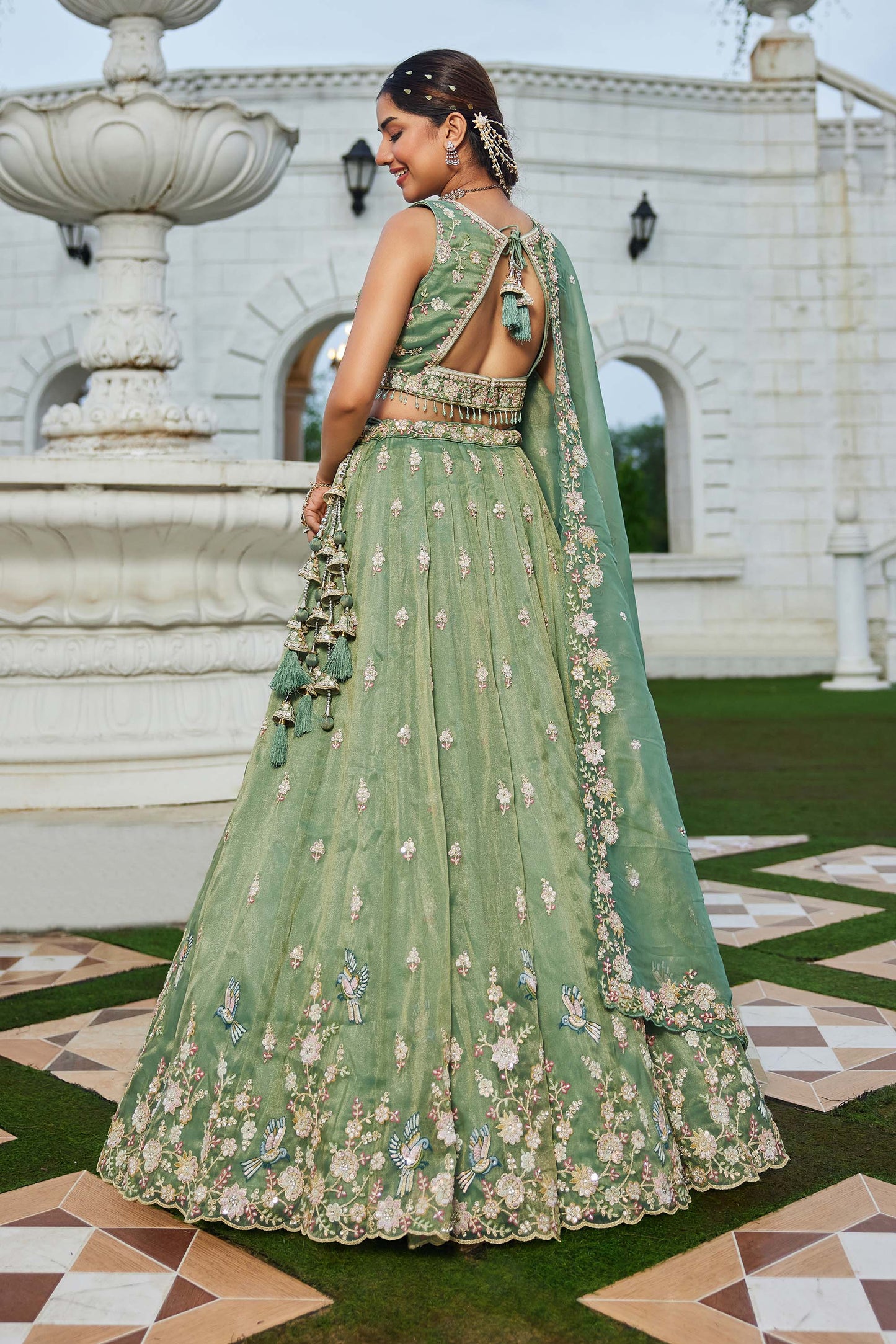 Green Tissue Beads & Sequins Embroidered Ready to Wear Mehendi Lehenga for Bride