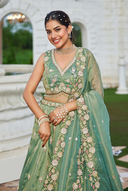 Green Tissue Beads & Sequins Embroidered Ready to Wear Mehendi Lehenga for Bride