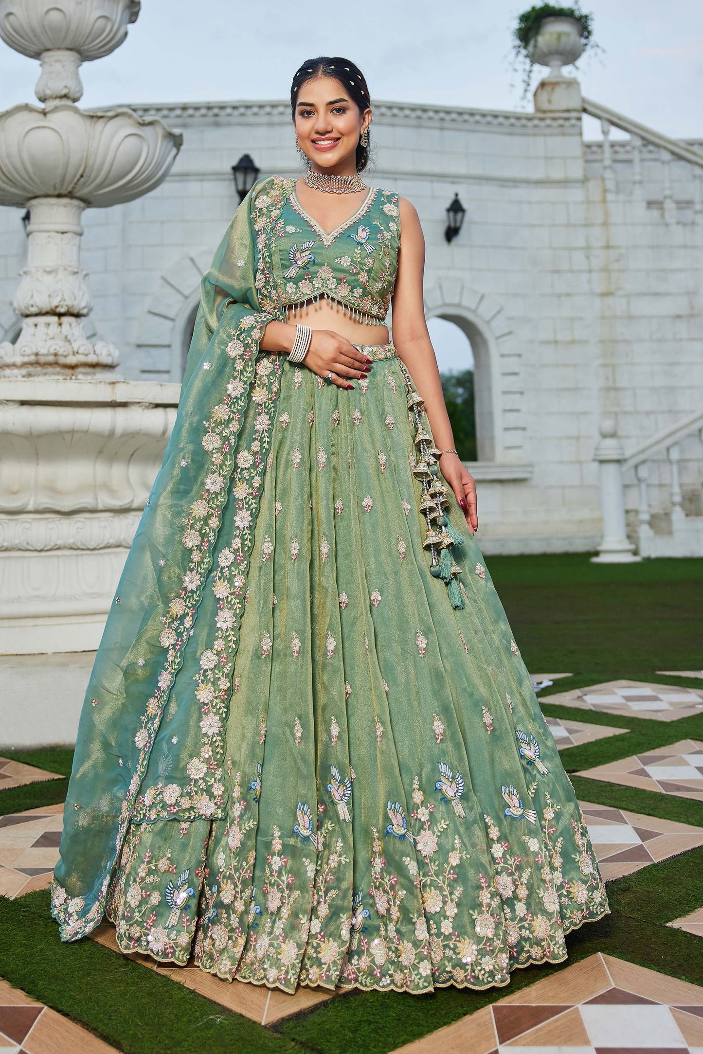 Green Tissue Beads & Sequins Embroidered Ready to Wear Mehendi Lehenga for Bride