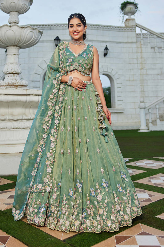 Green Tissue Beads & Sequins Embroidered Ready to Wear Mehendi Lehenga for Bride