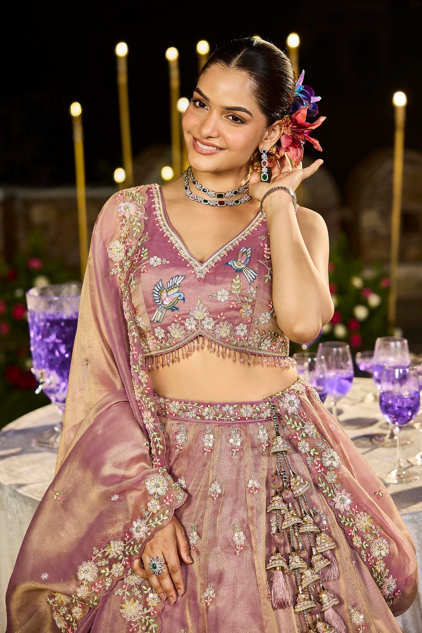 Lavender Tissue Beads & Sequins Embroidered Ready to Wear Sangeet Lehenga