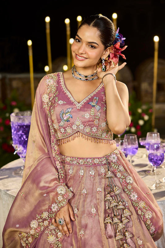 Lavender Tissue Beads & Sequins Embroidered Ready to Wear Sangeet Lehenga