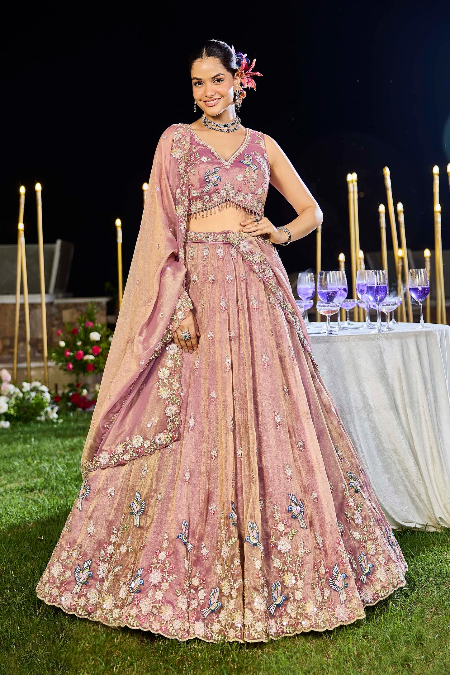 Lavender Tissue Beads & Sequins Embroidered Ready to Wear Sangeet Lehenga