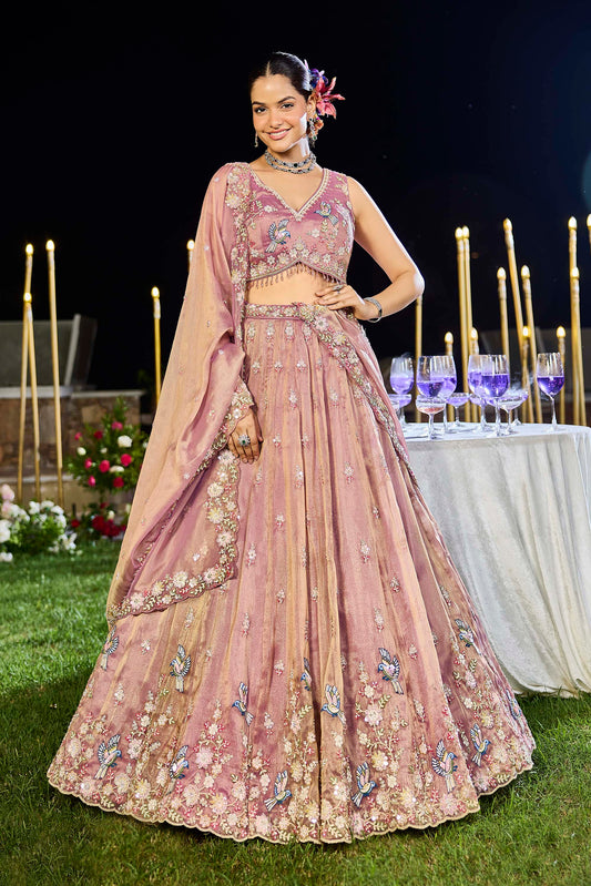 Lavender Tissue Beads & Sequins Embroidered Ready to Wear Sangeet Lehenga