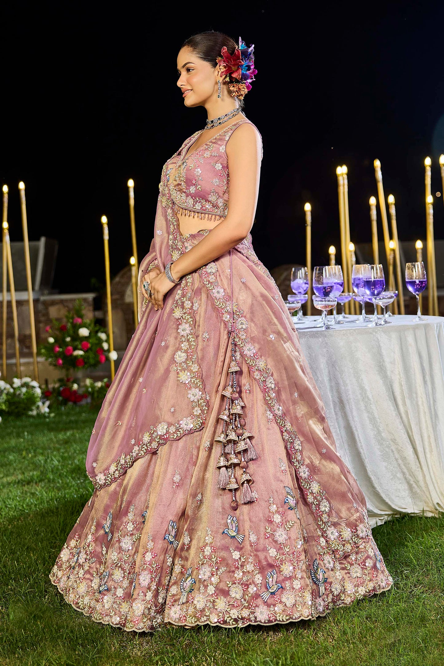 Lavender Tissue Beads & Sequins Embroidered Ready to Wear Sangeet Lehenga