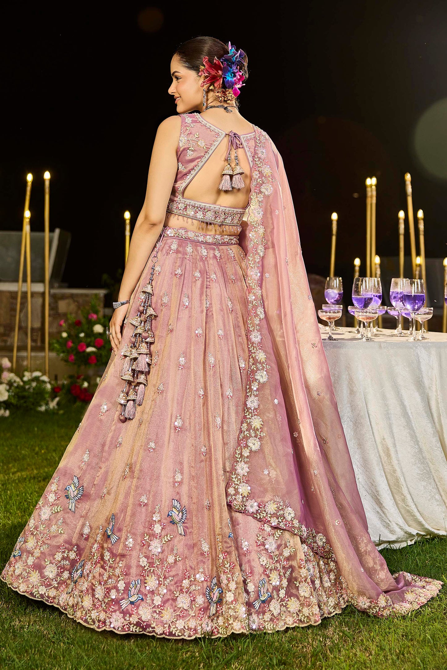 Lavender Tissue Beads & Sequins Embroidered Ready to Wear Sangeet Lehenga