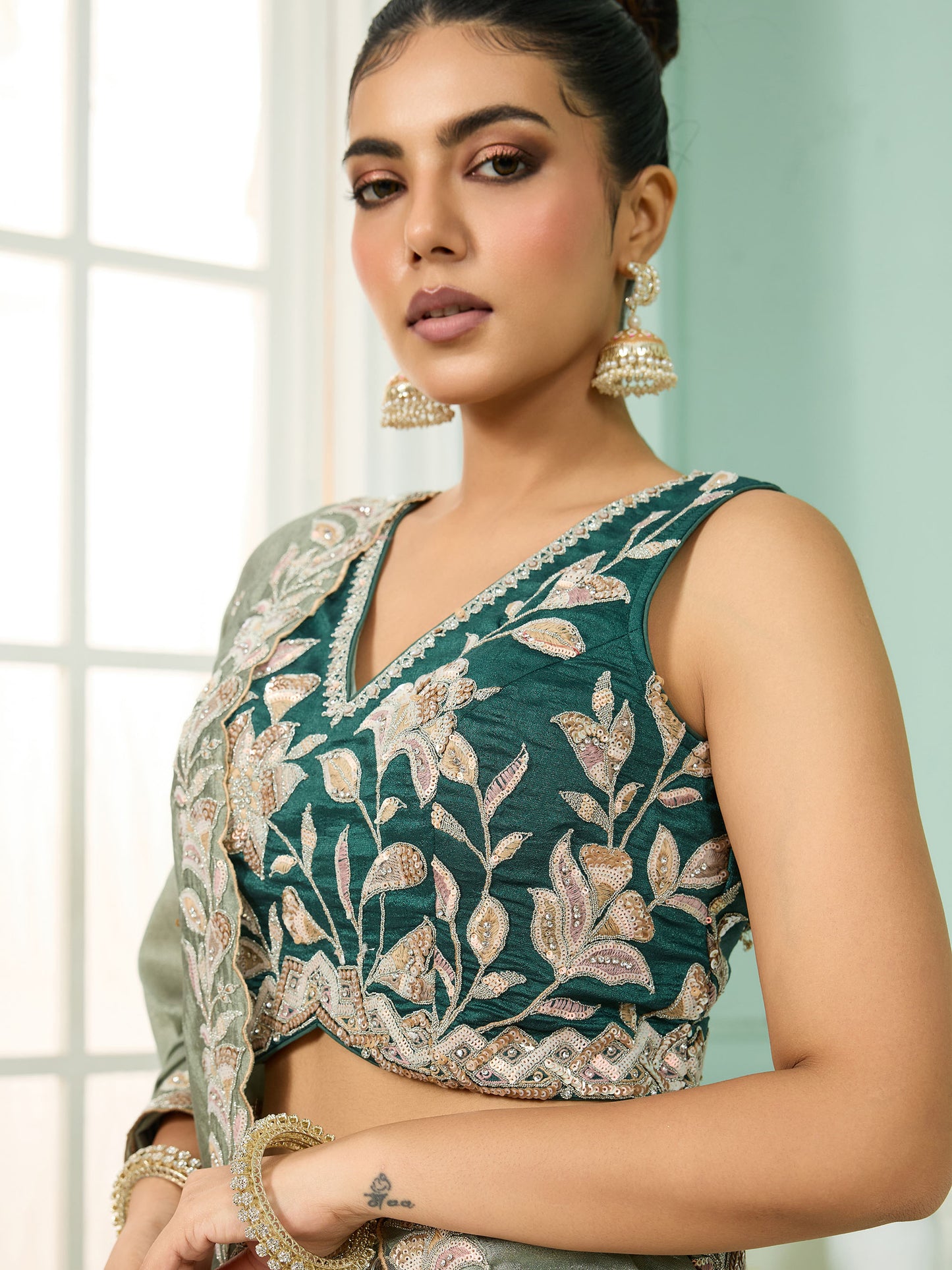 Dark Green Silk  Sequins Embroidery Guest Lehenga for Mehendi