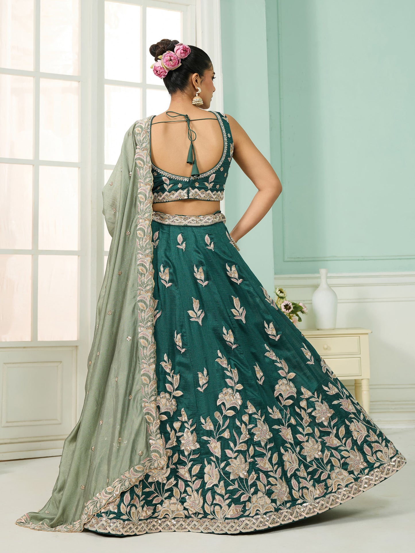 Dark Green Silk  Sequins Embroidery Guest Lehenga for Mehendi
