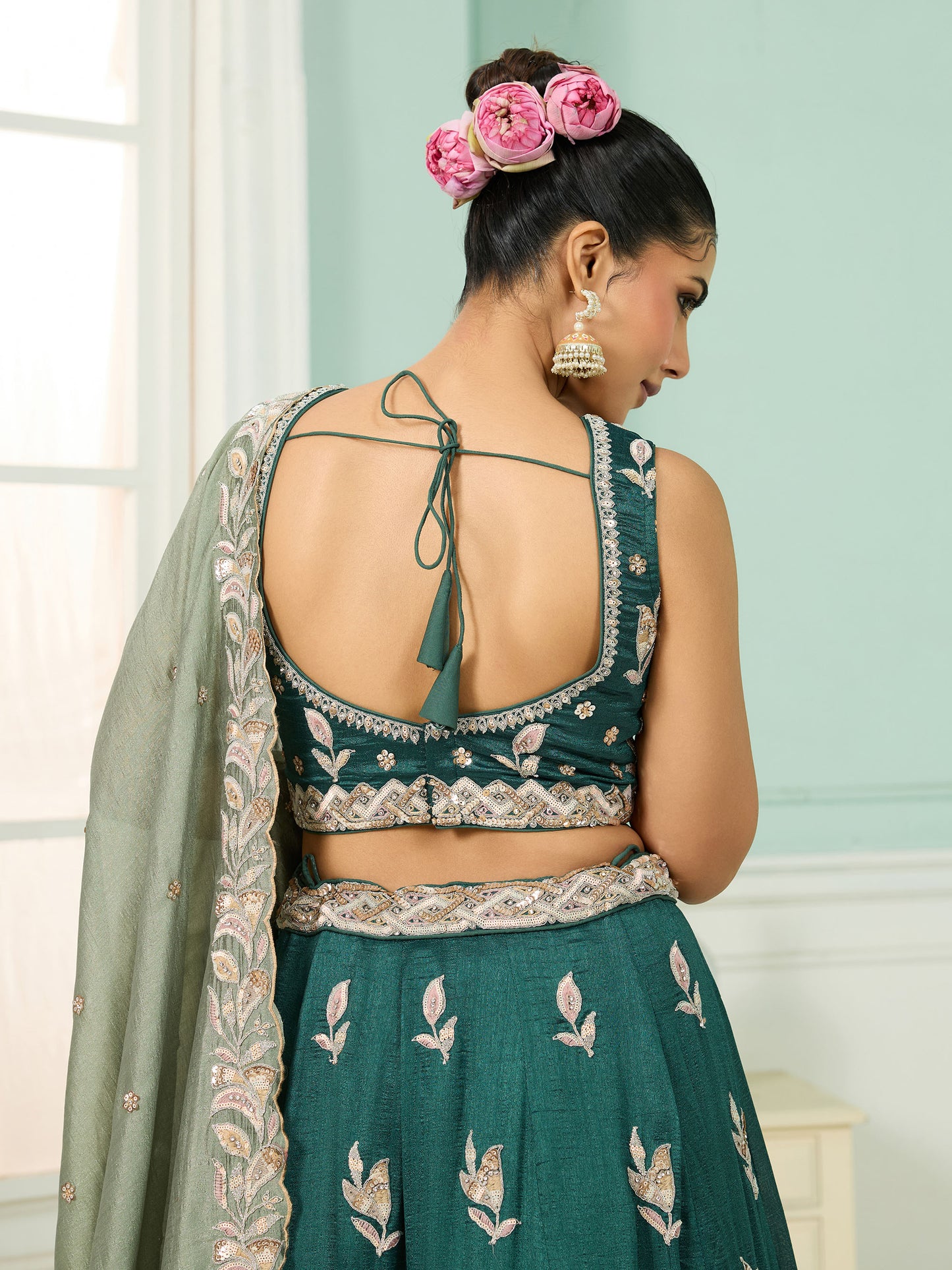 Dark Green Silk  Sequins Embroidery Guest Lehenga for Mehendi