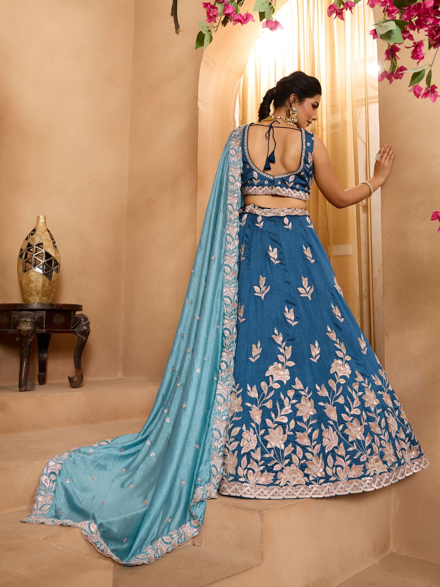Teal Blue Silk Sequins Embroidery Guest Lehenga