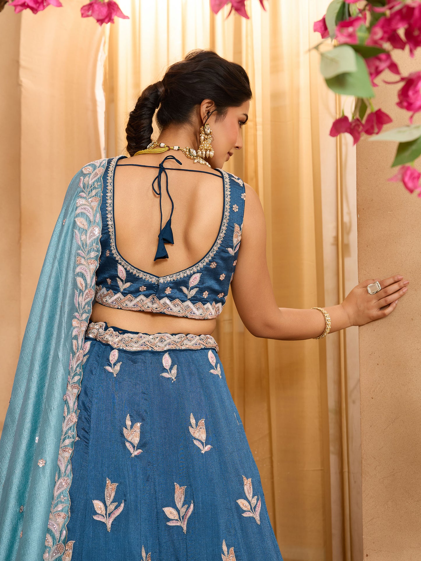 Teal Blue Silk Sequins Embroidery Guest Lehenga