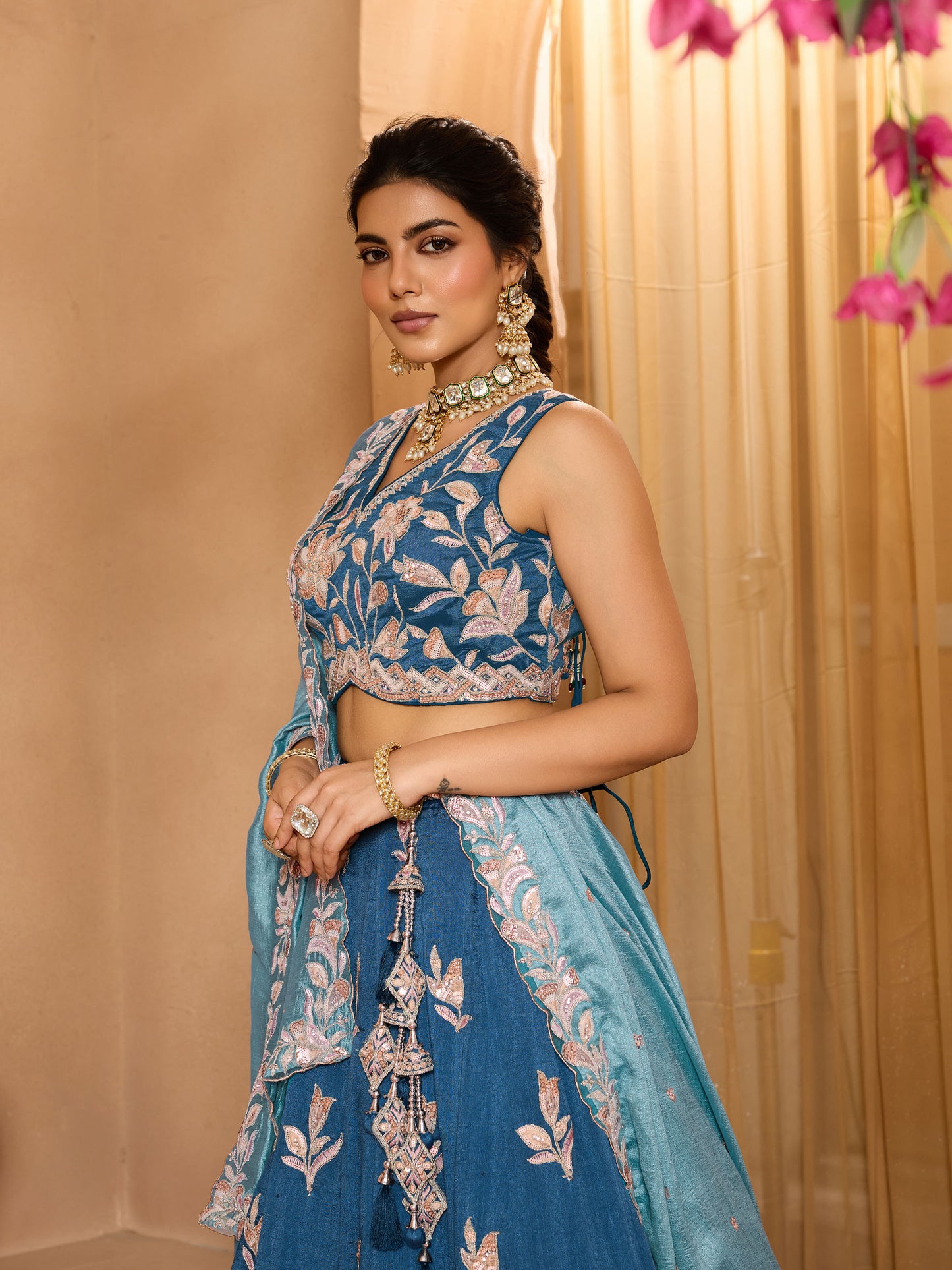 Teal Blue Silk Sequins Embroidery Guest Lehenga
