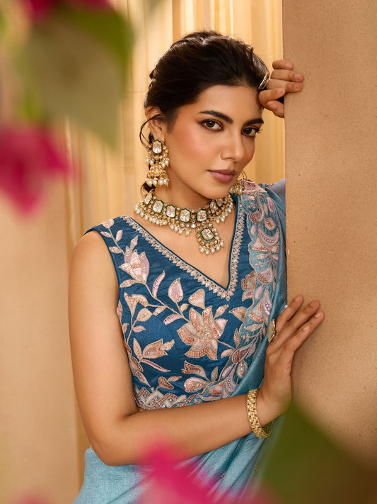 Teal Blue Silk Sequins Embroidery Guest Lehenga