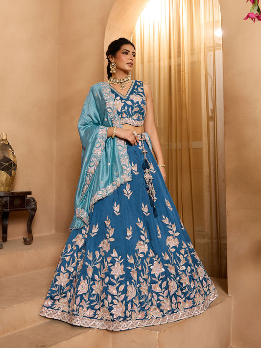 Teal Blue Silk Sequins Embroidery Guest Lehenga