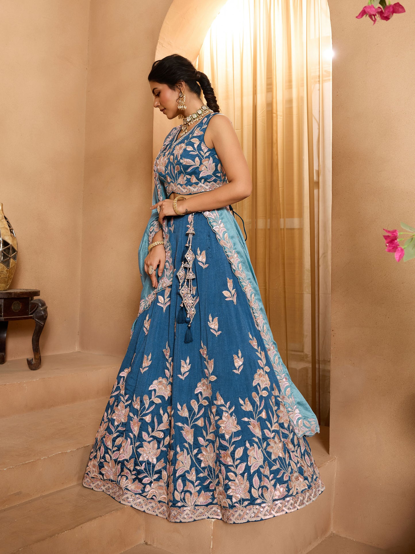 Teal Blue Silk Sequins Embroidery Guest Lehenga