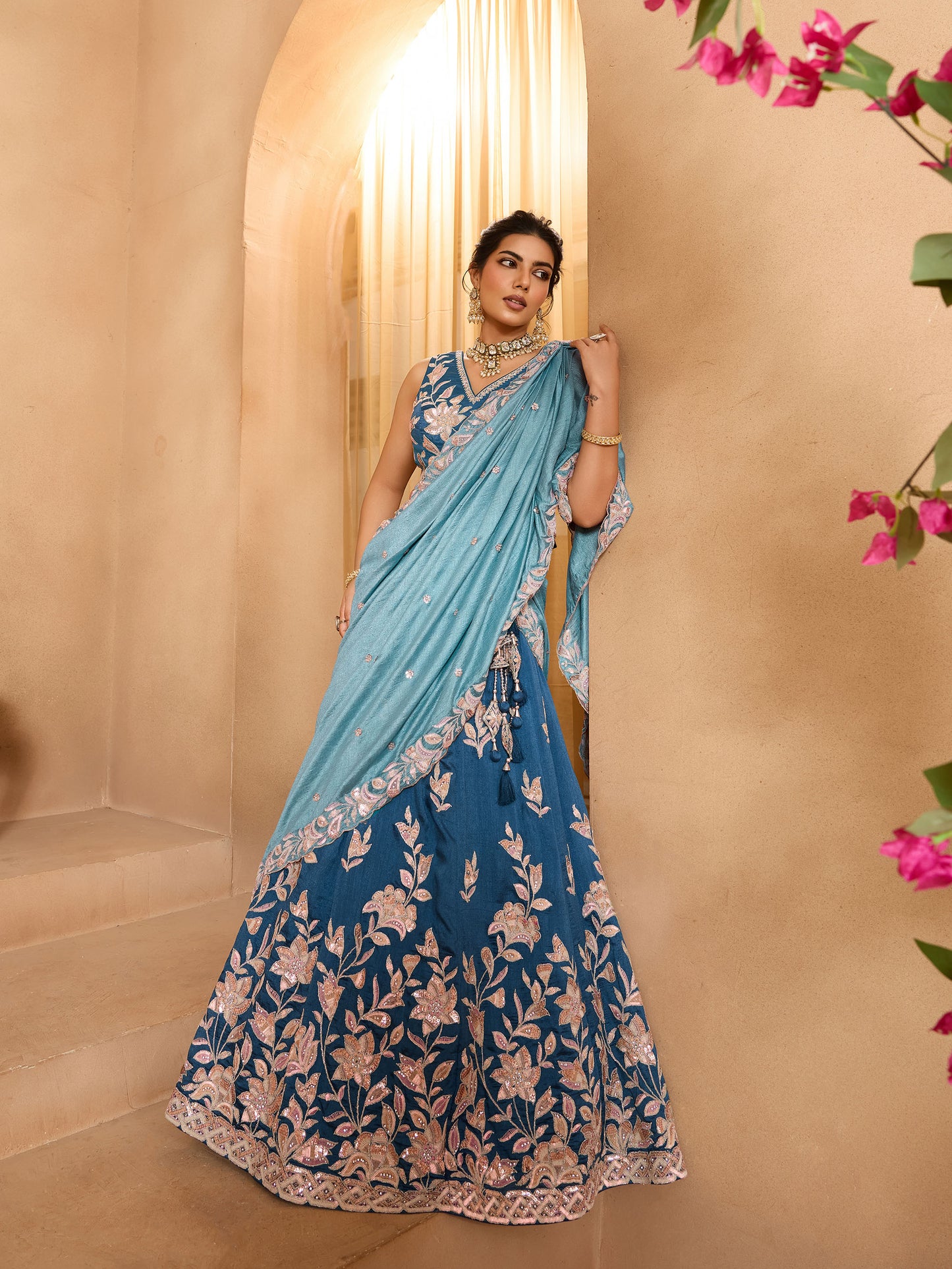Teal Blue Silk Sequins Embroidery Guest Lehenga