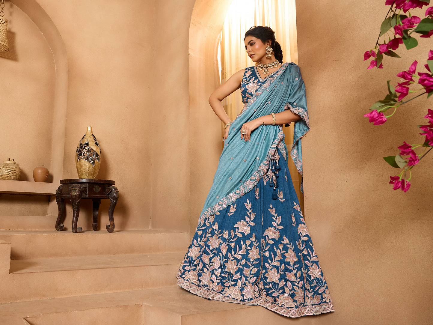Teal Blue Silk Sequins Embroidery Guest Lehenga