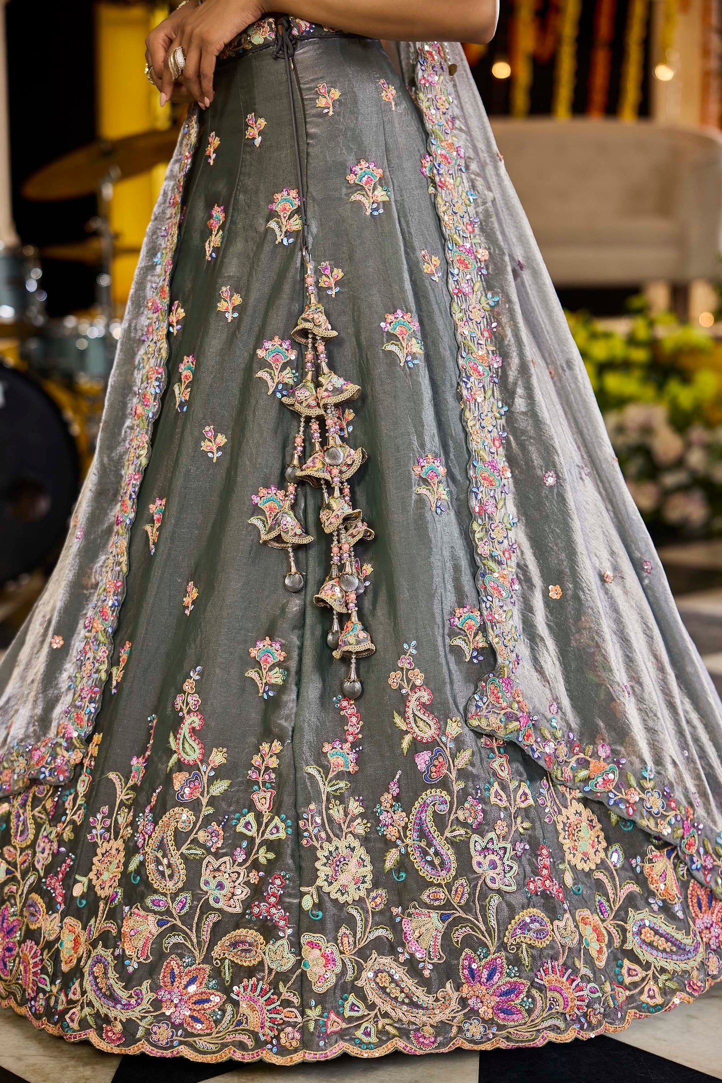 Green Tissue Sequinned Embroidered Ready to Wear Lehenga for Mehendi