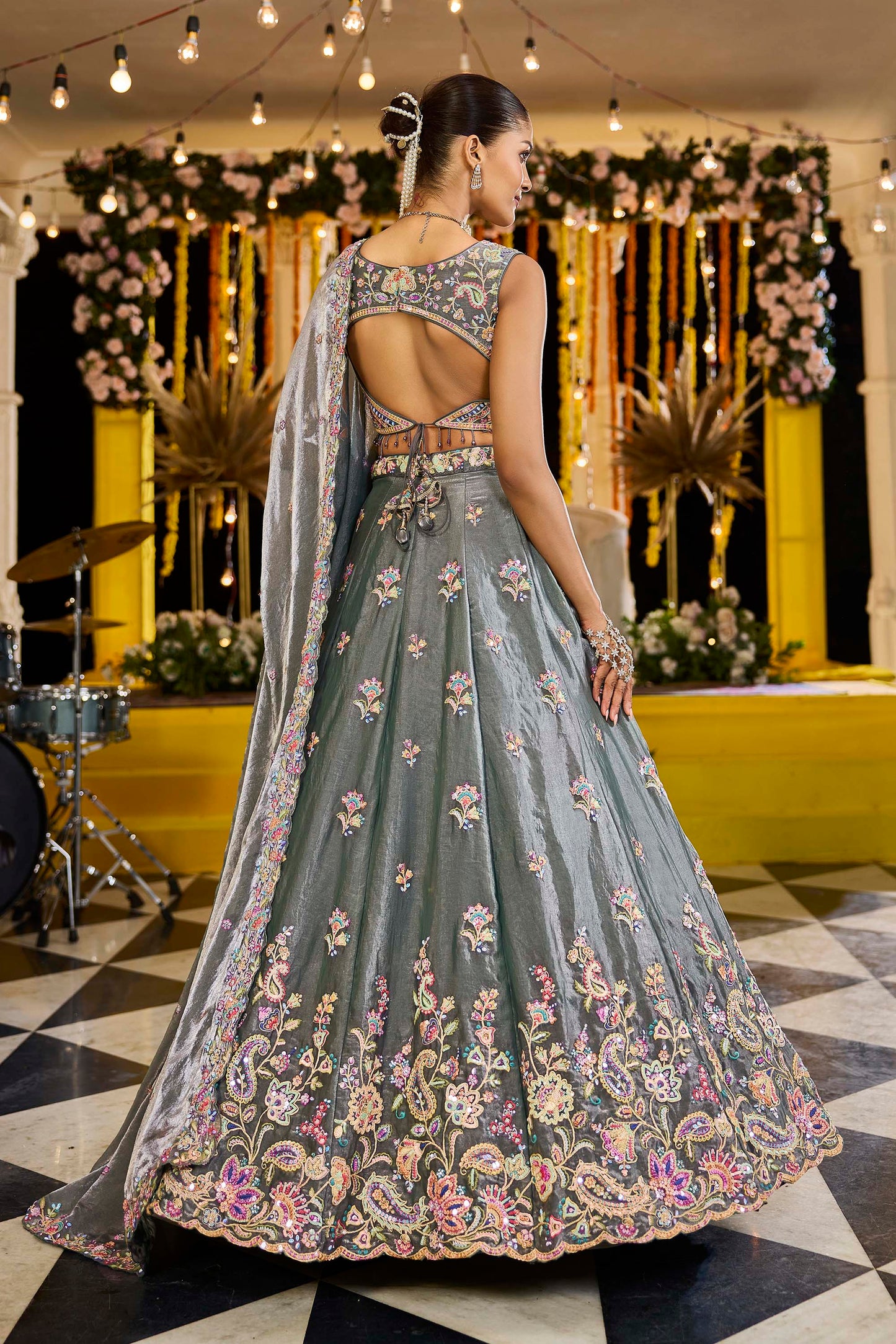 Green Tissue Sequinned Embroidered Ready to Wear Lehenga for Mehendi