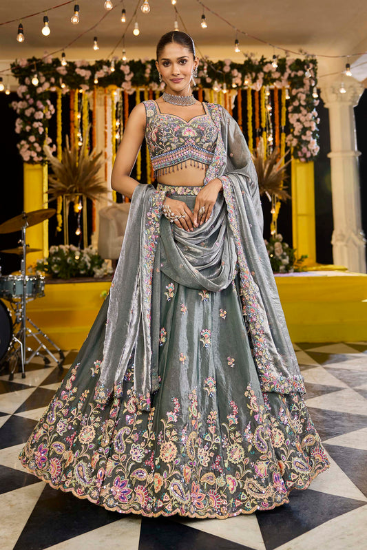 Green Tissue Sequinned Embroidered Ready to Wear Lehenga for Mehendi