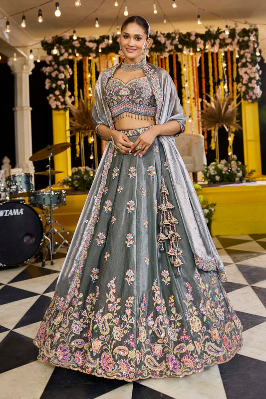 Green Tissue Sequinned Embroidered Ready to Wear Lehenga for Mehendi