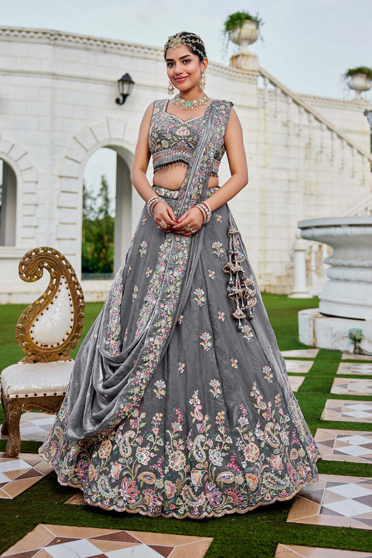 Grey Tissue Sequins Embroidered Ready to Wear Reception Lehenga Choli