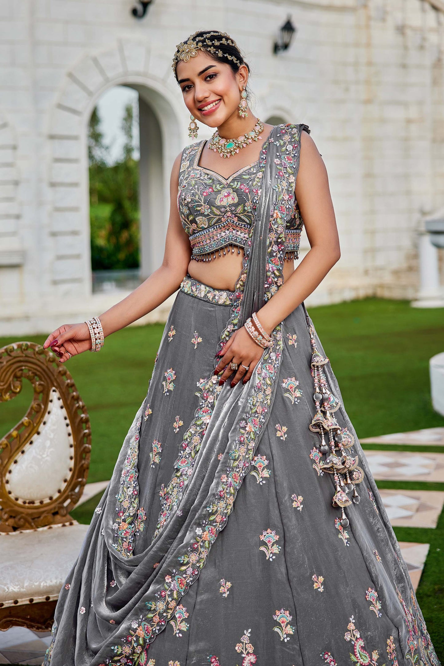 Grey Tissue Sequins Embroidered Ready to Wear Reception Lehenga Choli