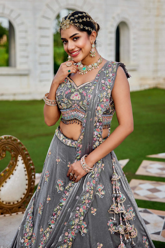 Grey Tissue Sequins Embroidered Ready to Wear Reception Lehenga Choli