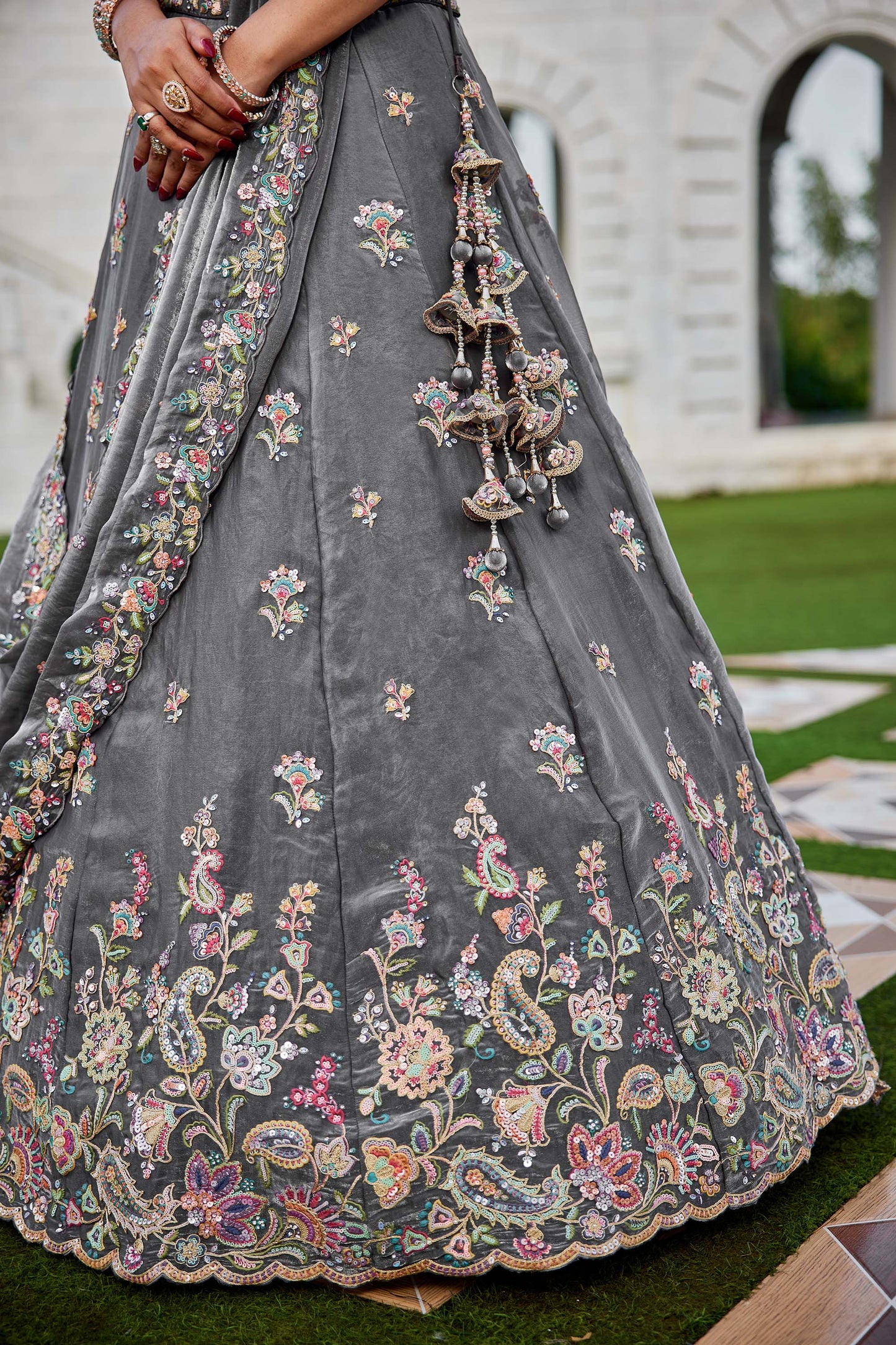Grey Tissue Sequins Embroidered Ready to Wear Reception Lehenga Choli