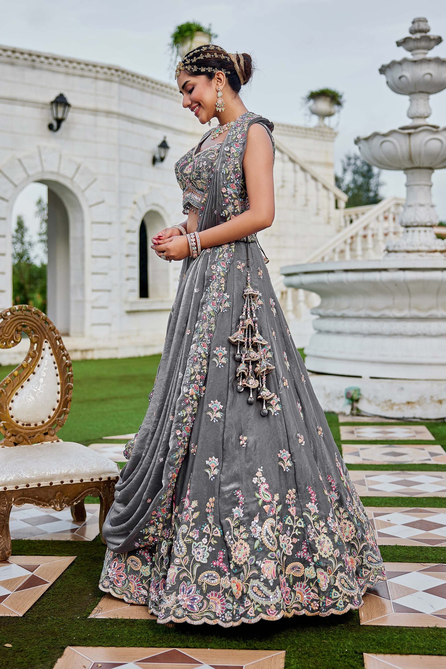 Grey Tissue Sequins Embroidered Ready to Wear Reception Lehenga Choli