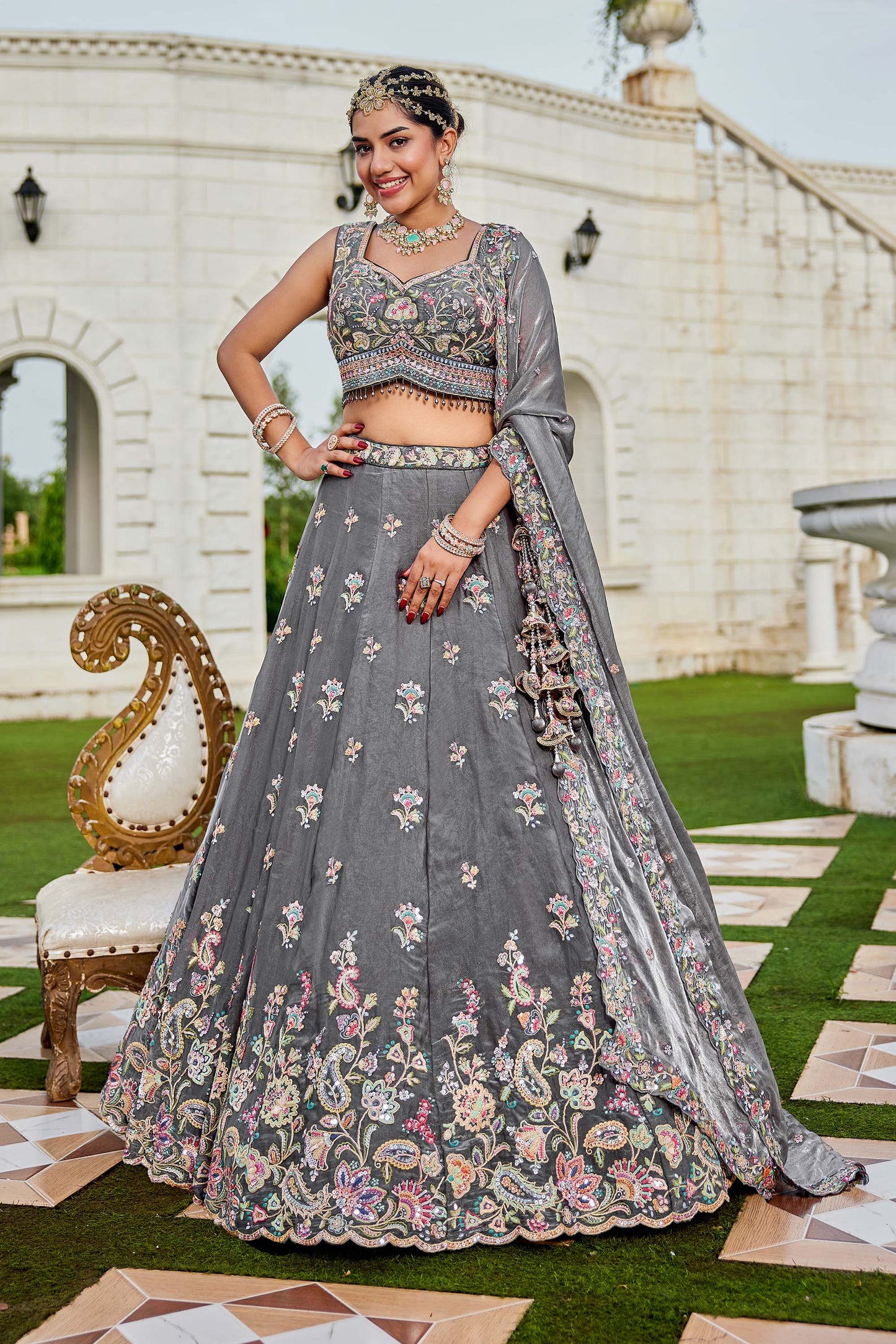 Grey Tissue Sequins Embroidered Ready to Wear Reception Lehenga Choli