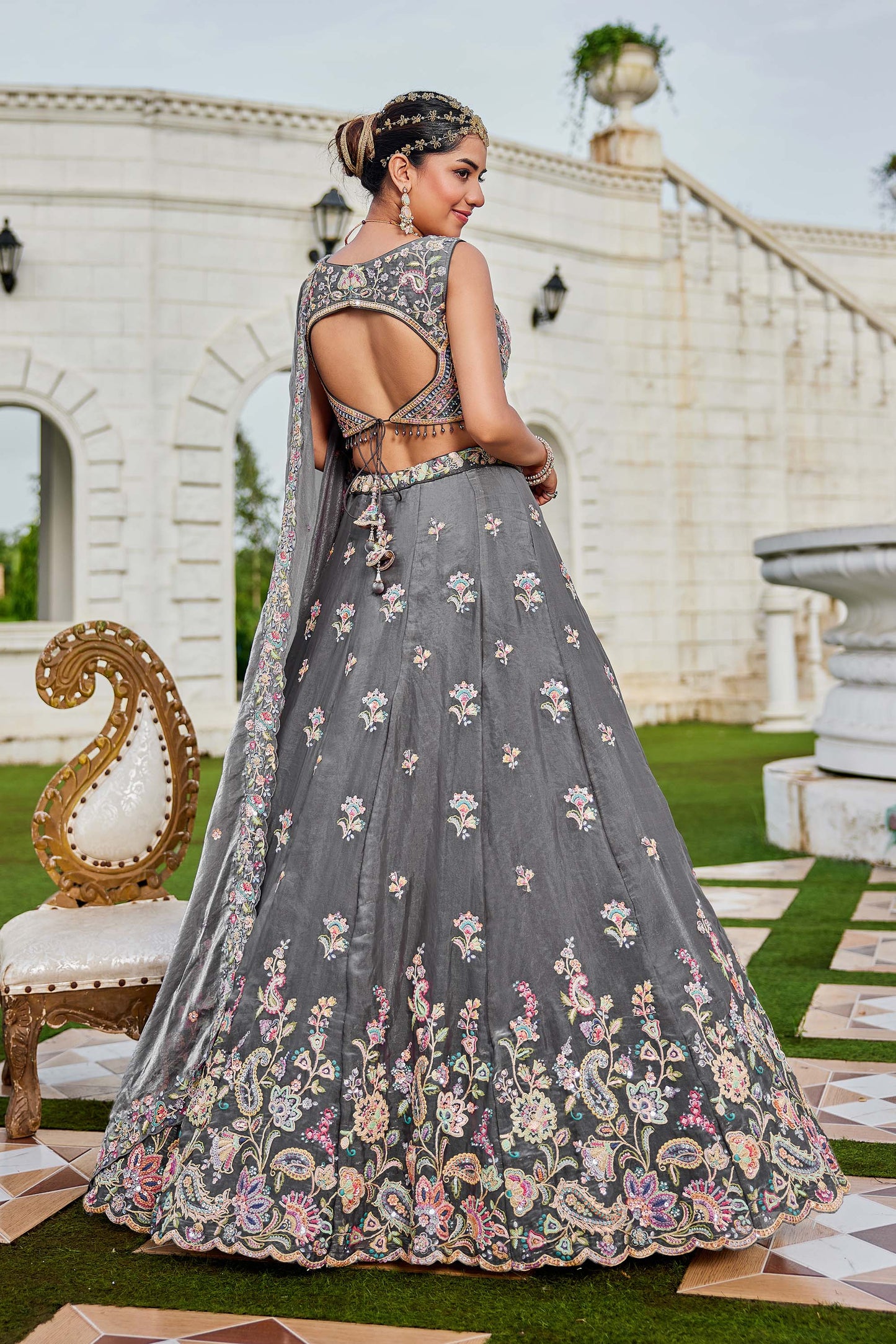 Grey Tissue Sequins Embroidered Ready to Wear Reception Lehenga Choli